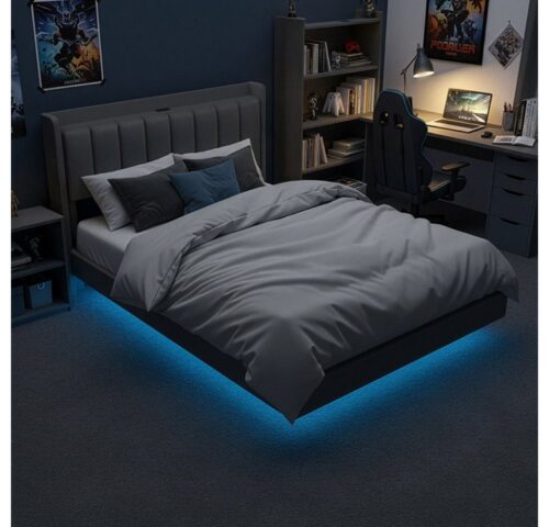 HOME DELUXE Polsterbett LED Bett - MELURA 140/160/180 (inklusive Matratze), Integrierte USB-A und USB-C Anschlüsse, schwebend, Bettgestell