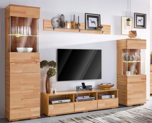 Home affaire Wohnwand Vetro,Fronten Massivholz,Korpus Holzwekstoff,Griffmulden, (Set, 4-St), Böden teilweise versetzbar, bei TV Teil Kabeldurchführung