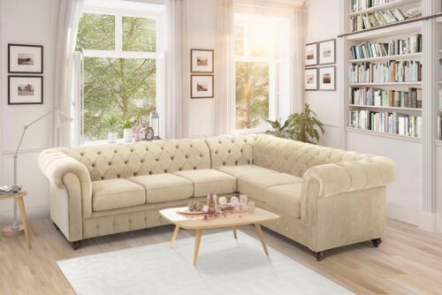 Home affaire Chesterfield-Sofa Duc Ecksofa L-Form, hochwertige Knopfheftung im Rücken, Samtoptik mit changierender Optik