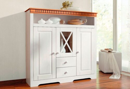 Home affaire Highboard Lisa, Stauraumschrank aus massivem Kiefernholz, mit dekorativen Fräsungen