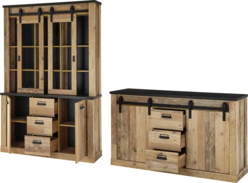 Home affaire Wohnwand SHERWOOD, (2-St), Scheunentorbeschlag und Apothekergriffe aus Metall, Höhe 201 cm