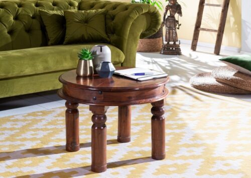 Massivmoebel24 Couchtisch OXFORD (60x60x45 Akazie, runder Couchtisch aus massiven Akazienholz im Landhausstil), hochwertiges Edelholz,authentische Holzadern,aufwendige Schnitzereien und Verzierungen,