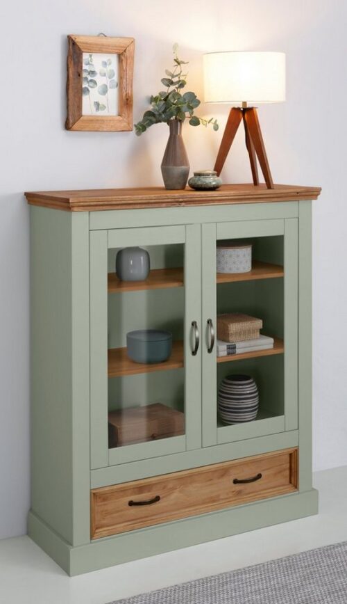 Home affaire Vitrine Selma Highboard aus massivem Kiefernholz, mit Griffen aus antikisiertem Metall