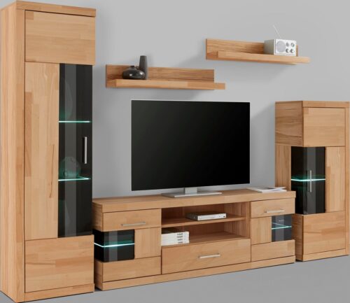 Home affaire Wohnwand Ribe Wohnwand Set-5 St., (Set, 5-St), Glaseinsatz aus gehärtetem Glas,Böden teilweise versetzbar