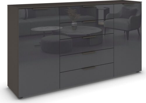 rauch Schubkastenkommode Kommode Türkommode Sideboard Kombikommode FLIPP mit Glasfront (Breite 160/180 cm mit 4 Einlegeböden), 2-trg mit 5 Schubladen und Soft-Close, 2 Breiten MADE IN GERMANY