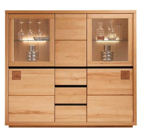 Lomadox Highboard WINCHESTER-69, Standvitrine Schrank 103 cm Buche massiv geölt Hirnholz-Detail