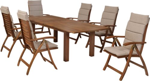 MERXX Garten-Essgruppe Paraiba, (Set, 13-tlg), inkl. 6 Klappsessel, 6 Auflagen, 1 Doppelausziehtisch
