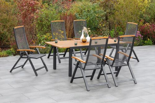 MERXX Garten-Essgruppe Tilos, (7-tlg), 6 Klappsessel mit ausziehbarem Tisch