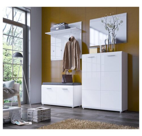 Lomadox Garderoben-Set MALABO-129, (Spar-Set, 4-St), mit Schuhbank inkl. Sitzkissen, weiß Hochglanz