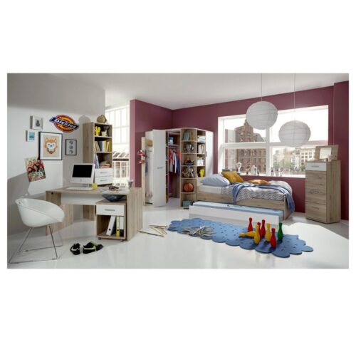Lomadox Jugendzimmer-Set JOHANNESBURG-43, (Sparset, 8-tlg), San Remo Eiche Nb. und weiß, begehbarer beleuchteter Eckkleiderschrank