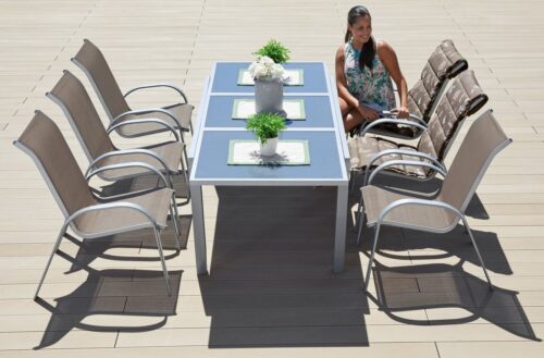 MERXX Garten-Essgruppe Amalfi, (7-tlg., 6x Stapelsessel, 1x Ausziehtisch 140(200)x90 cm), pulverbeschichtetes Aluminium, aus 100% Polyester, für 6 Personen