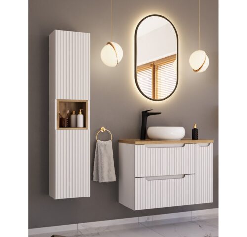 Lomadox Badmöbel-Set NEWPORT-56-WHITE, (Spar-Set, 3-St., Hochschrank LED-Spiegel Waschtisch Badregal), in weiß mit gerillter Front, inkl. LED-Beleuchtung