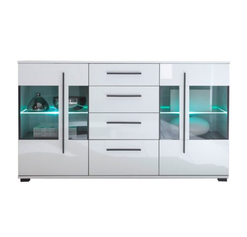 Lomadox Sideboard COLORADO-61, weiß Hochglanz und teilweise Glastüren Grauglas 150x86x42cm