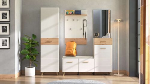 Home affaire Garderoben-Set Sein Kompaktgarderobe, Flurgarderobe, Dielenschrank, Hochglanzfronten, (Komplett-Set, 5-St), Gardreobenschrank, Schuhschrank, Sitzbank, Garderobenpaneel & Spiegel