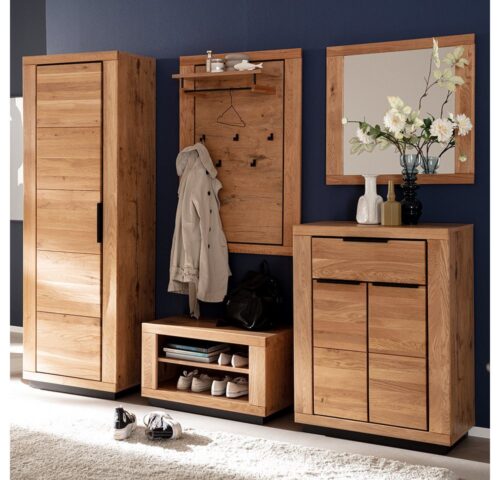 Lomadox Garderoben-Set GIUSTINO-06, (Spar-Set, 5-St., Garderobenbank Paneel Garderobenschrank Spiegel Kommode), in Wildeiche teilmassiv, geölt, schwarze Metallgriffe