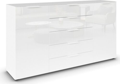 rauch Schubkastenkommode Kommode Türkommode Sideboard Kombikommode FLIPP mit Glasfront (Breite 160/180 cm mit 4 Einlegeböden), 2-türig, 5 Schubladen, Soft-Close, Oberboden und Front Glas, 2 Breiten