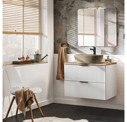 Lomadox Badmöbel-Set ADELAIDE-56-WHITE, (Spar-Set, 2-St), matt weiß LED-Spiegel, 80 cm Waschtischunterschrank mit Keramikbecken