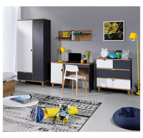 Lomadox Jugendzimmer-Set MARIBOR-132, (Sparset, 4-tlg), Kleiderschrank Schreibtisch Wandboard Kommode Eiche weiß graphit