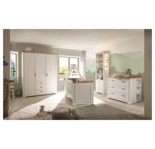 Lomadox Babyzimmer-Komplettset JASPER-78, (4-tlg), Anderson Pine Nb. weiß, Eiche Nb.,Bett, Schrank, Kommode, Standregal