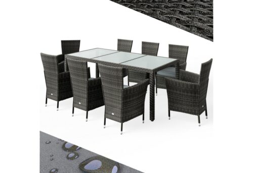 Casaria Garten-Essgruppe, (9-tlg), Polyrattan 8 Stühle Stapelbar 190x90cm Gartentisch Glas Wetterfest