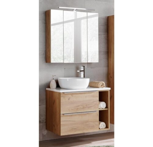 Lomadox Badmöbel-Set TOSKANA-56, (Spar-Set, 2-St), Keramikbecken un Spiegelschrank Eiche/Hochglanz weiß 80/190/46cm