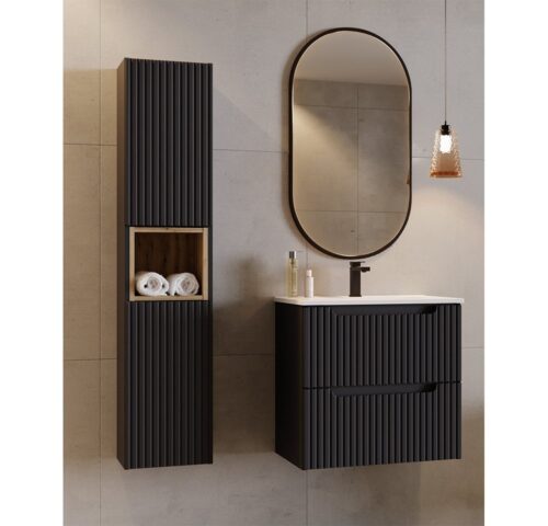 Lomadox Badmöbel-Set NEWPORT-56-BLACK, (Spar-Set, 3-St., Badregal Badspiegel Hochschrank Waschbecken Waschbeckenschrank), Badezimmermöbel in schwarz mit Eiche, gerillte Front, LED-Spiegel
