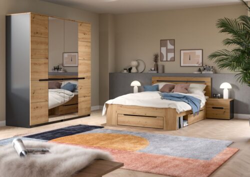 Home affaire Schlafzimmer-Set REHAT, 4-teilig, best. aus: Bett, Kleiderschrank & 2x Nachtkommode, (4-tlg., TOPSELLER!, für Matratzengröße 140x200 cm, viel Stauraum), Rehat, Schlafzimmerset, Bett 140x200 cm, Nachttische, 1 Kleiderschrank