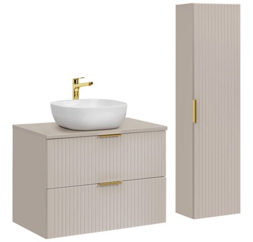 Lomadox Badmöbel-Set ADELAIDE-56-CASHMERE, (Spar-Set, 2-St., Waschtisch Hochschrank Keramikwaschbecken), 80cm Waschtisch, kaschmir mit gerillter Front