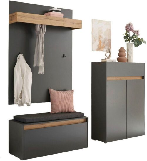 Home affaire Garderoben-Set City/Giron, moderne Garderobe, viel Stauraum, ca. 24 Schuhe, (Set, 3-St), enthält Schuhschrank, Garderobenpaneel & Garderobenbank mit Sitzkissen
