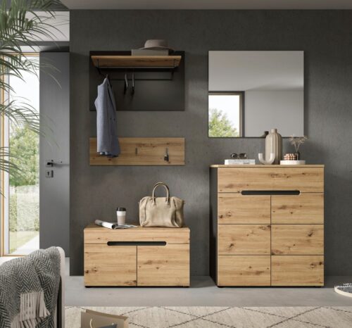 Home affaire Garderoben-Set REHAT, TOPSELLER!, 5-teilig, Breite 175cm, individuell stellbar, (Set, 4-St., bestehend aus: Sitzbank, Paneel, Hakenleiste, Spiegel, Kommode), Garderobenkombination, Kombination, Set, Flurgarderobe, Diele