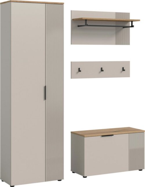 Home affaire Garderoben-Set EDIL, Breite 155 cm, 4-teilig, Front mit hochwertiger Längstfräsung, (Set, 3-St., best. aus: Hochschrank, Sitzbank, Paneel & Hakenleiste), Garderobenkombination, Kombination, Set, Garderobe, Flurgarderobe