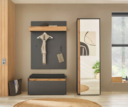 Home affaire Garderoben-Set GIRON/CiTY, moderne Garderobe, Komplettset mit viel Stauraum, (Komplett-Set, 3-St), enthält Garderobenschrank, Paneel, Schuhbank inkl. Sitzkissen