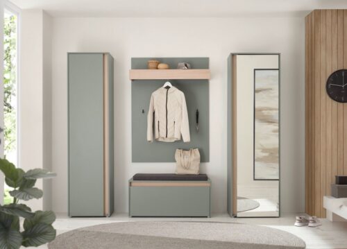 Home affaire Garderoben-Set GIRON/CiTY, moderne Garderobe, Komplettset mit viel Stauraum, (Komplett-Set, 4-St), enthält Garderobenschränke, Paneel & Schuhbank +Sitzkissen