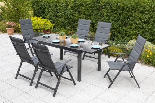 MERXX Garten-Essgruppe Taviano, (Set, Tisch, 6 Kappsessel, Aluminium mit Textilbespannung, Sicherheitsglas), mit Ausziehtisch