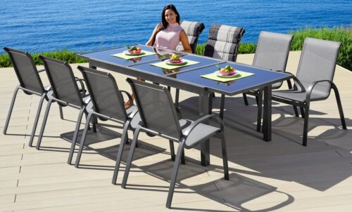 MERXX Garten-Essgruppe Amalfi, TOPSELLER!, (9-tlg., 8 Stapelsessel, 1 Ausziehtisch 180(240)x100 cm, OTTOs Choice), pulverbeschichtetes Aluminium, 100 % Polyester,für 8 Personen geeignet