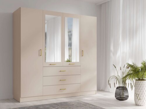 Home affaire Kleiderschrank KOS Garderobe mit 3 Schubladen, Kleiderstange, 8 Einlegeböden, Spiegel Kleiderschrank mit 4 Türen, goldenen Griffen, Maße B/H/T 200/200/58 cm