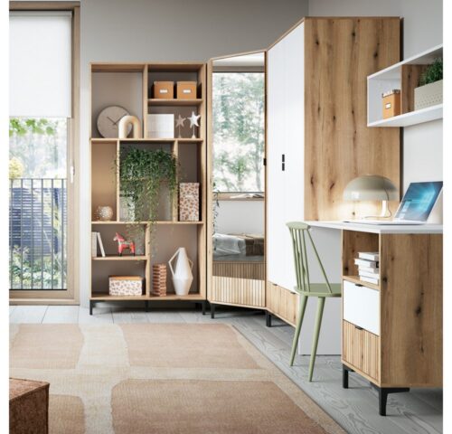 Lomadox Jugendzimmer-Set RISBY-129, (Sparset, 5-tlg), Eckkleiderschrank Schreibtisch Regal weiß Eiche Lamellenoptik