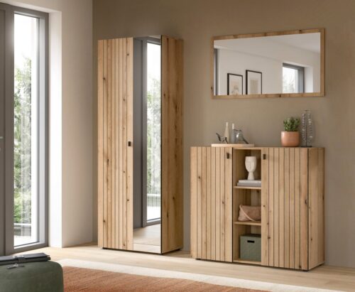 Home affaire Garderoben-Set TATIO, 3-tlg. Garderobenkombination, Breite: 191 cm, Rillenfräsung, (Set, 3-St., Set, best. aus: 1 Spiegel, 1 Garderobenschrank, 1 Schuhkommode), Garderobenkombination, Kombi, Flur-Möbel, Schrank, Spiegel, Kommode