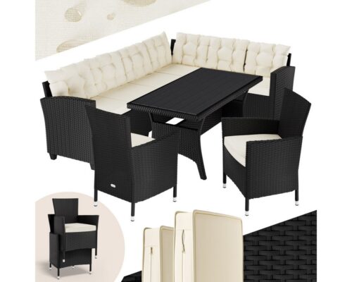 Casaria Gartenlounge-Set Lissabon, (17-tlg), Polyrattan WPC Esstisch Eckbank Gartenstühle 15cm Kissen 7cm Auflagen