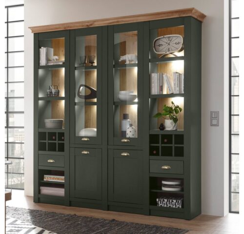 Lomadox Buffet CINCINNATI-61 schrank im Landhausstil in grün mit Wotaneiche inkl. LED 194/207/45cm