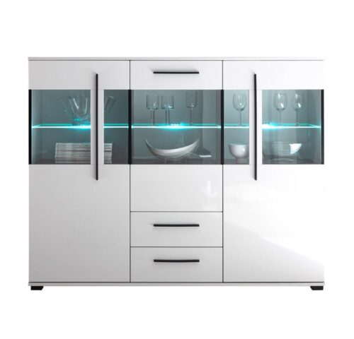 Lomadox Highboard COLORADO-61, Modernes in weiß Hochglanz inkl. LED und Grauglas BxHxT: 160x126x42cm