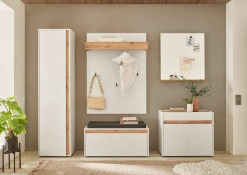 Home affaire Garderoben-Set GIRON/CiTY, moderne Garderobe, Komplettset mit viel Stauraum, (Komplett-Set, 5-St), enthält Schrank, Kommode, Spiegel, Paneel & Schuhbank +Sitzkissen