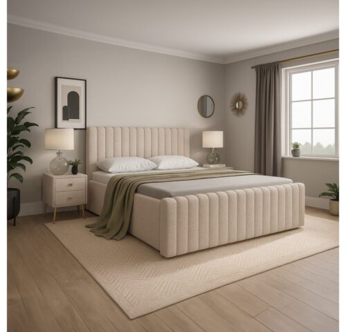 Lomadox Polsterbett BERNALDA-166, 180x200 cm Beige, mit 2 Nachttischen, modernes Design & edle Steppung