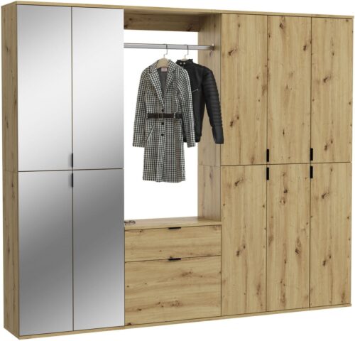 Home affaire Garderoben-Set Trondheim, Breite 213 cm, 6-teilig, bestehend aus:, (Set, 5-St), 3x Garderobenschrank, 1 Kommode, 1 Garderobenstange, 1 Ablageboden