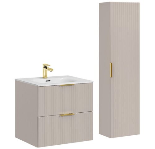 Lomadox Badmöbel-Set ADELAIDE-56-CASHMERE, (Spar-Set, 2-St., Waschtisch Hochschrank Keramikwaschbecken), 60cm Waschtisch, kaschmir mit gerillter Front