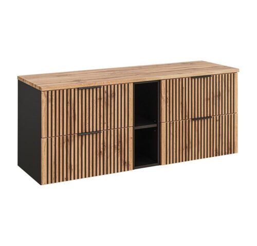 Lomadox Waschbeckenschrank XANTEN-56 140 cm mit Regal in anthrazit mit Eiche Nb. schwarz gerillt