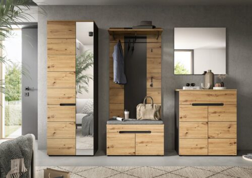 Home affaire Garderoben-Set REHAT, TOPSELLER!, 5-teilig, Breite 255 cm, individuell erweiterbar, (Set, 6-St., bestehend aus: Schrank, Sitzbank, Sitzkissen, Paneel, Spiegel, Kommode), Garderobenkombination, Kombination, Set, Flurgarderobe, Diele