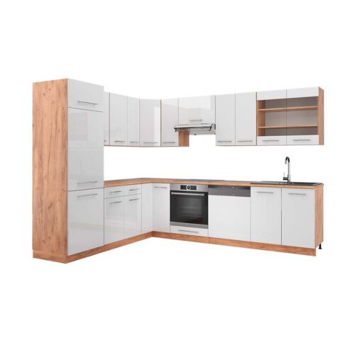 Vicco Winkelküche Fame-Line, Weiß Hochglanz/Goldkraft Eiche, 227 x 287 cm, AP Eiche