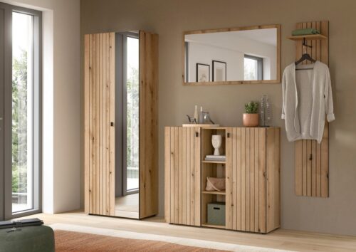 Home affaire Garderoben-Set TATIO, 4-tlg. Garderobenkombination, Breite: 237 cm, Rillenfräsung, (Set, 4-St., 1 Spiegel, 1 Garderobenschrank, 1 Schuhkommode, 1 Garderobenpaneel), Garderobenkombination, Kombi, Flur-Möbel, Schrank, Spiegel, Kommode