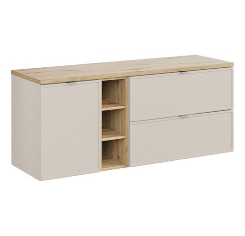 Lomadox Waschbeckenschrank BIBIONE-56 140 cm breit in kaschmir & Eiche, inkl. Wäschekorb, wandhängend